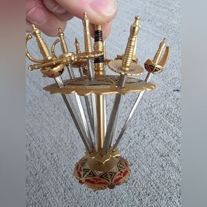 Vintage Toledo Spain Mini Sword Cocktail Picks Set w/ Stand Mid-Century
